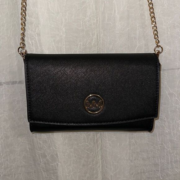 MM Black Gold Tone Hardware Red Lined Crossbody Bag Purse - Picture 1 of 11